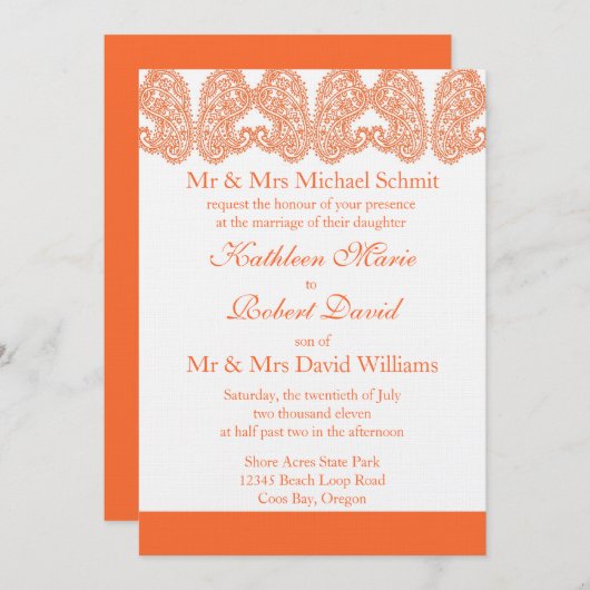 Orange Paisley Faire-part de mariage (Devant / Derrière)