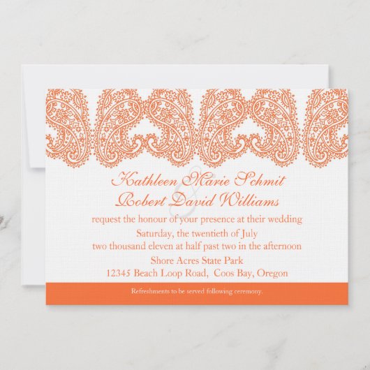 Orange Paisley Faire-part de mariage (Devant)