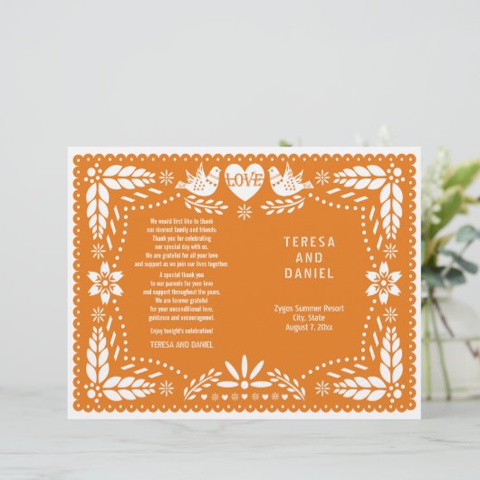 Orange papel Picado mariage fiesta programme plié (Debout devant)
