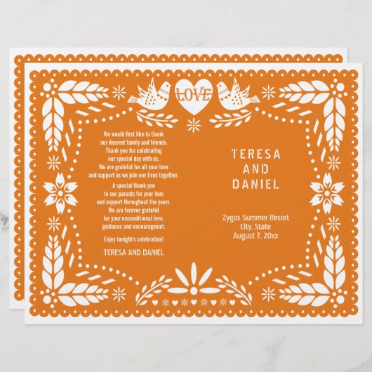 Orange papel Picado mariage fiesta programme plié (Devant / Derrière)