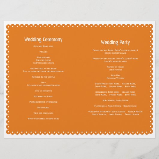 Orange papel Picado mariage fiesta programme plié (Dos)