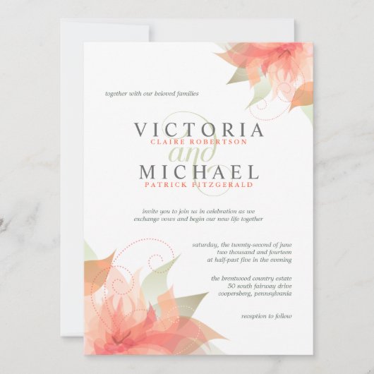 Orange Pêche Florale Invitations de mariage (Devant)
