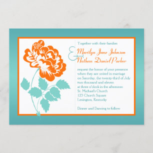 Orange Peony sur Turquoise Wedding Invitation