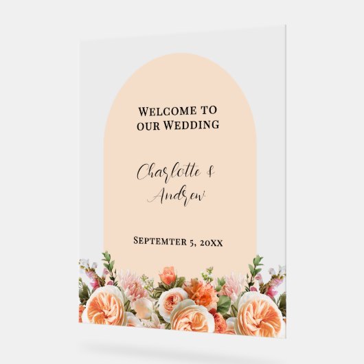 Orange pink florals arch clear wedding welcome (Angle)