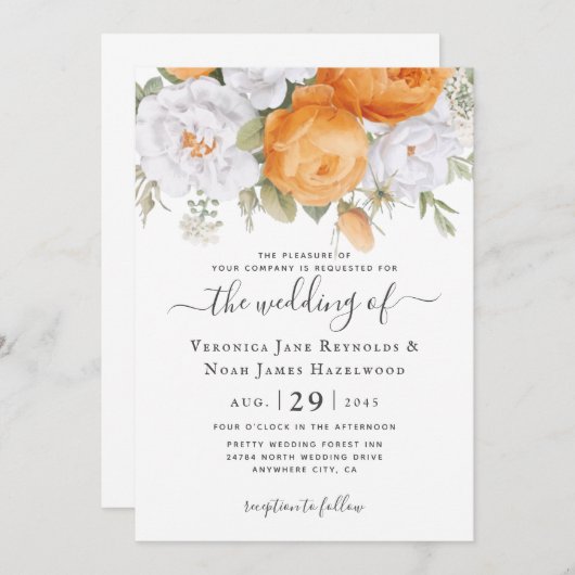 Orange Piper Blanc Ranunculus Florals Invitation (Devant / Derrière)