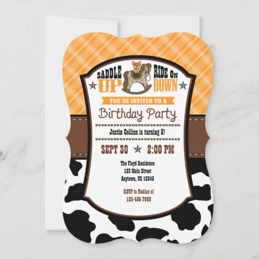 Orange Plaid Cowhide Cowboy Invitation d'anniversa (Devant)
