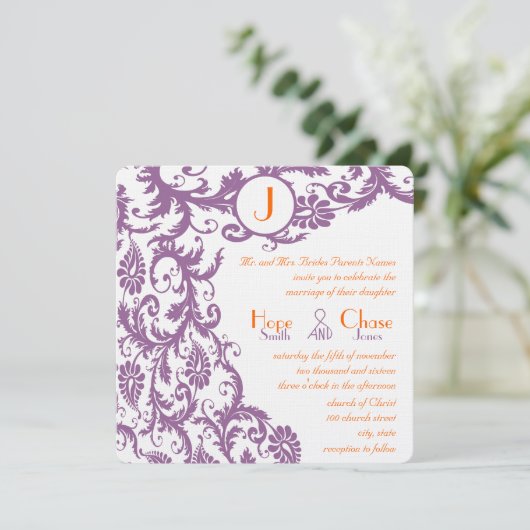 Orange Plum Damask Faire-part de mariage (Debout devant)
