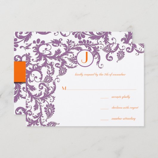 Orange Plum Damask Faire-part de mariage (Devant / Derrière)