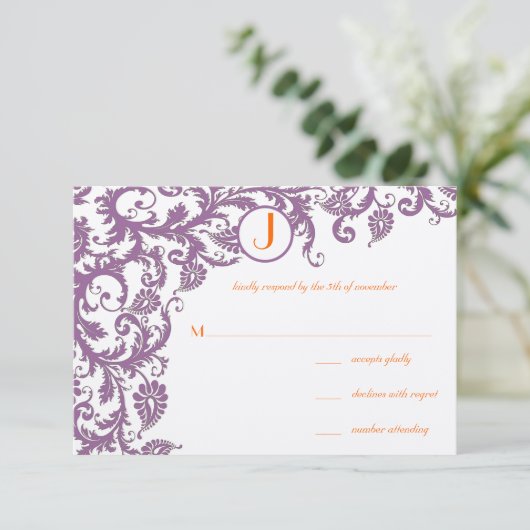 Orange Plum Damask Faire-part de mariage (Debout devant)