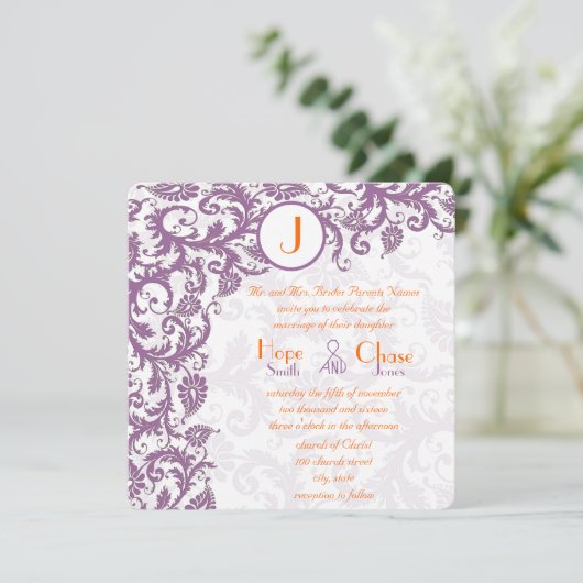 Orange Plum Damask Faire-part de mariage (Debout devant)