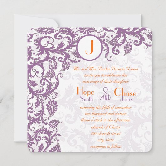 Orange Plum Damask Faire-part de mariage (Devant)