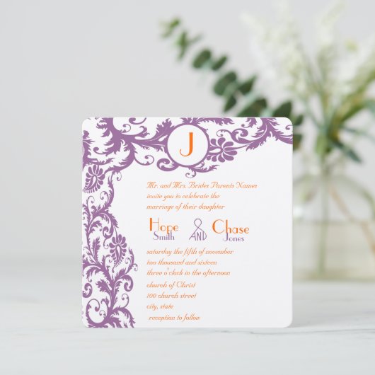 Orange Plum Damask Faire-part de mariage (Debout devant)