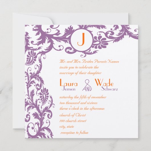 Orange Plum Damask Faire-part de mariage (Devant)