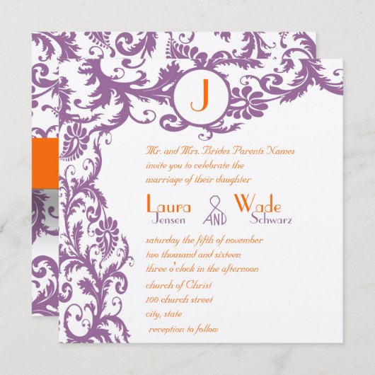 Orange Plum Damask Faire-part de mariage (Devant / Derrière)
