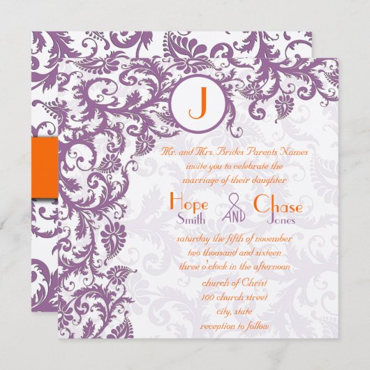 Orange Plum Damask Faire-part de mariage (Devant / Derrière)