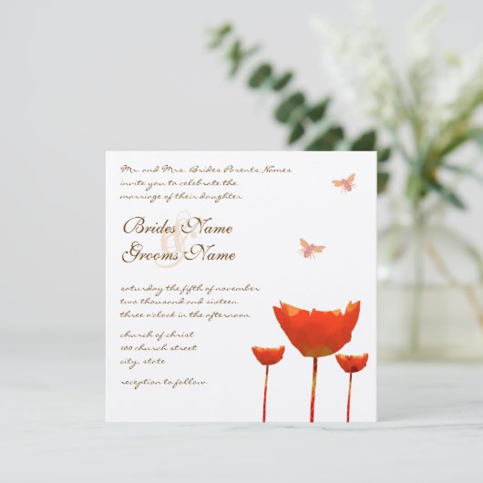 Orange Poppies & Bumble Bees Faire-part de mariage (Debout devant)