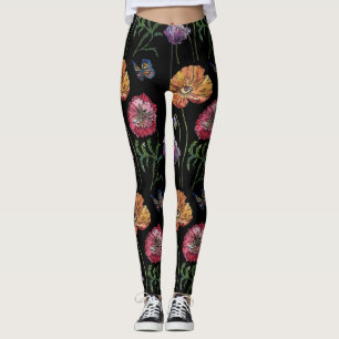 Orange Poppy Black Floral Aquarelle Leggings