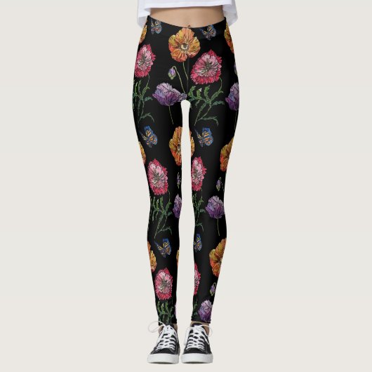 Orange Poppy Black Floral Aquarelle Leggings (Devant)