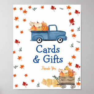 Orange Pumpkin Blue Vintage Truck Watercolor Favor Poster