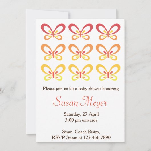 Orange Red Butterfly Babyshower invitation (Devant)