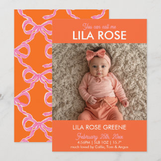 Orange Retro Bow Photo Birth Announcement Card Kaart