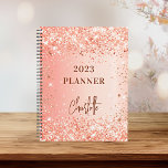 Orange rose or parties scintillant nom script 2023<br><div class="desc">Un arrière - plan orange et rose en dégradé d'or. Décoré avec des étincelles de parties scintillant imitation. Personnalisez et ajoutez un titre et un nom. Le nom est écrit avec un script moderne,  signature look.</div>