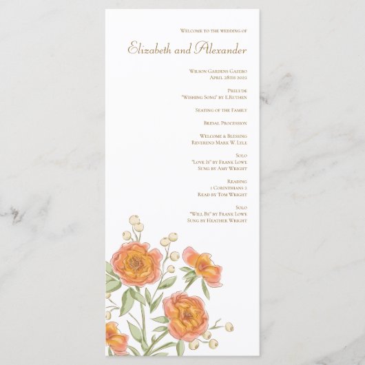 Orange Rose Wedding Programs Menu (Voorkant)