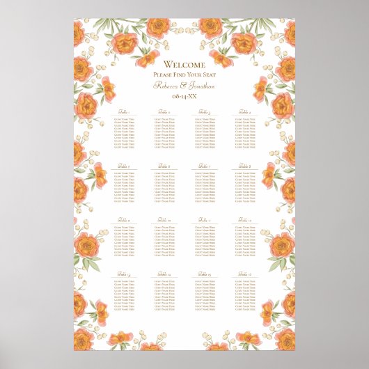 Orange Rose Wedding Seating Chart Poster (Voorkant)