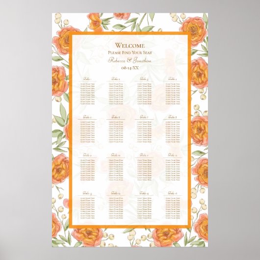 Orange Rose Wedding Seating Chart Poster (Voorkant)