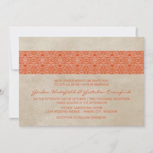 Orange Rustic Lace Wedding Invitation (Devant)