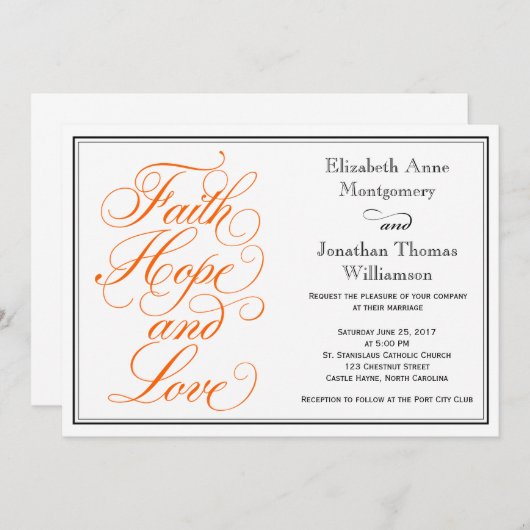 Orange Script Faith Hope Love Faire-part de mariag (Devant / Derrière)
