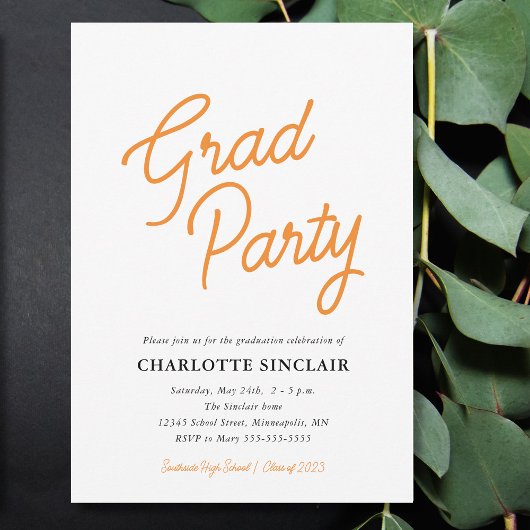Orange Script Simple Budget Grad Party Invitation