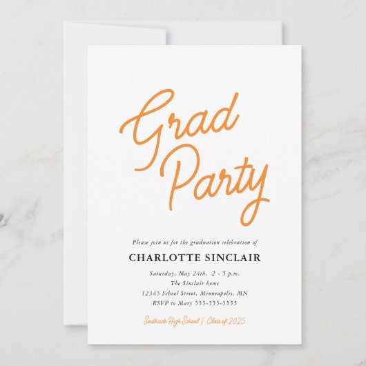 Orange Script Simple Budget Grad Party Invitation (Devant)