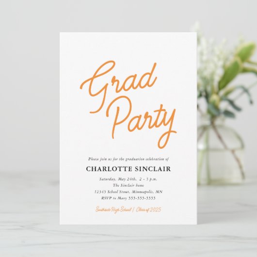 Orange Script Simple Budget Grad Party Invitation (Debout devant)