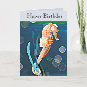 Orange Seahorse contre la mer avec bulles Carte