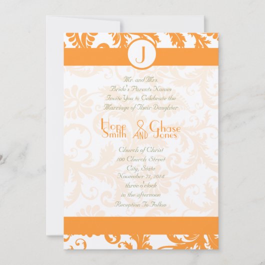 Orange Sherbert Damask Monogram Faire-part de mari (Devant)