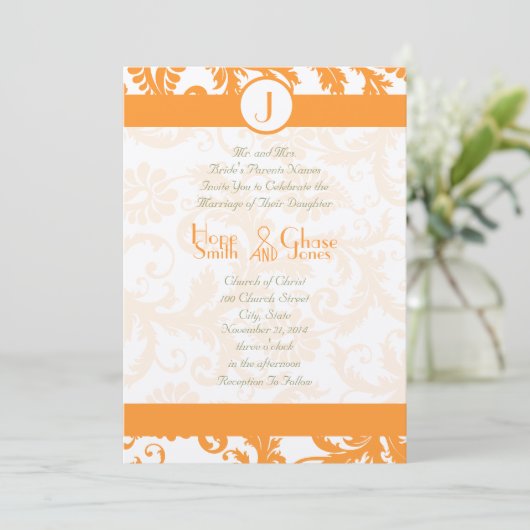 Orange Sherbert Damask Monogram Faire-part de mari (Debout devant)