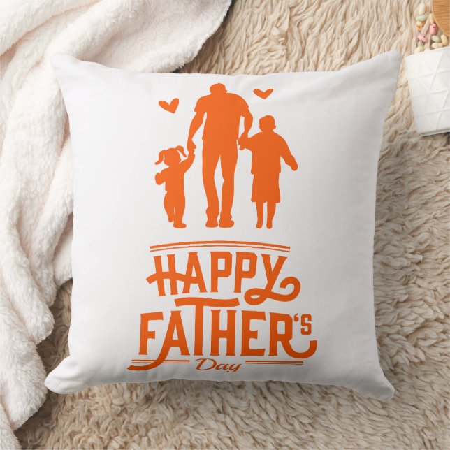 Orange Silhouette Dad Two Kids Hearts Kussen (Deken)