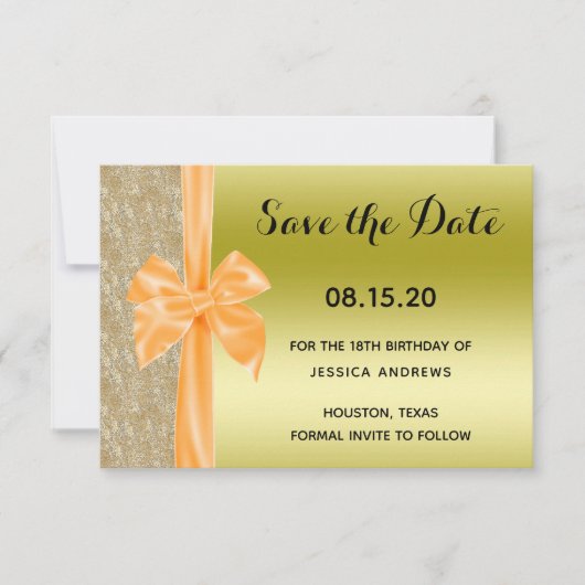 Orange Silk Bow Gold Glitter Sequins 18th Birthday Save The Date (Voorkant)
