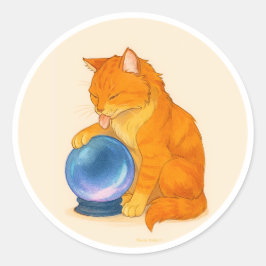 Orange Tabby cat with blue crystal ball  Ronde Sticker