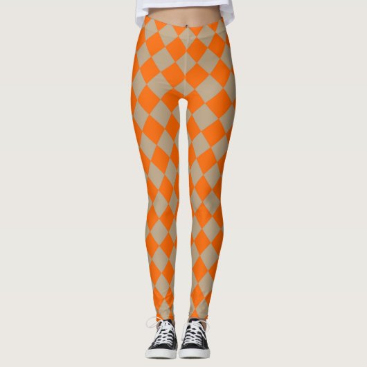 Orange Taupe Checker Diamond Pattern Leggings (Voorkant)