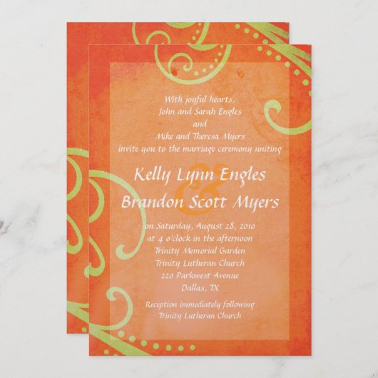 Orange texturé avec des perles vertes Invitation d (Devant / Derrière)