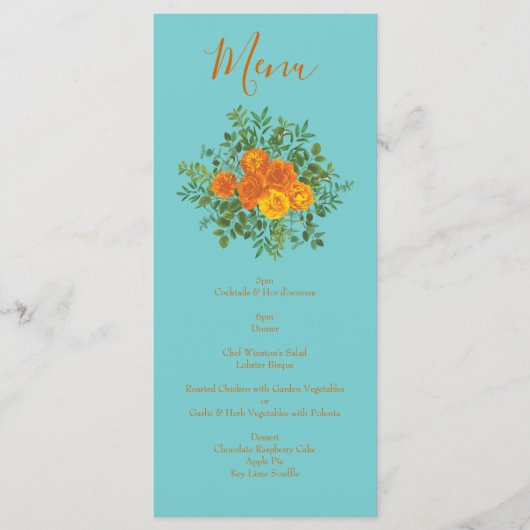 Orange & Turquoise Aqua Peony & Mariage Rose Menu (Devant)