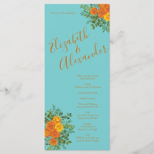 Orange Turquoise Aqua Peony Programmes de mariage (Devant)
