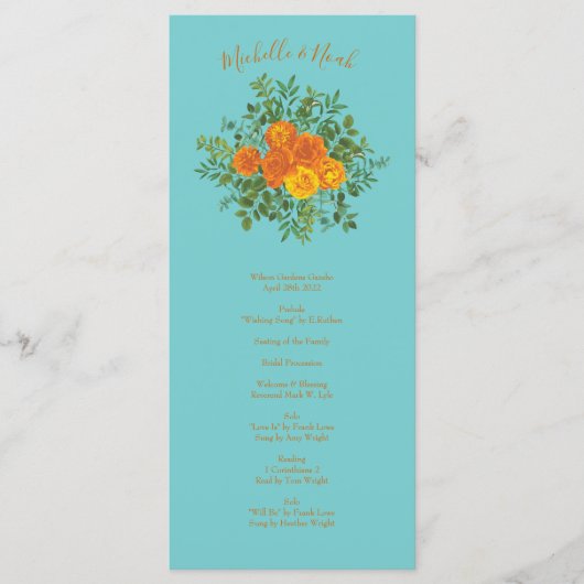 Orange Turquoise Aqua Peony Programmes de mariage (Devant)