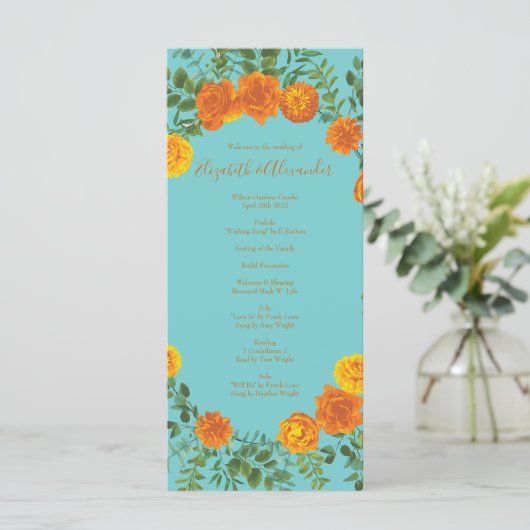 Orange Turquoise Aqua Peony Programmes de mariage  (Debout devant)