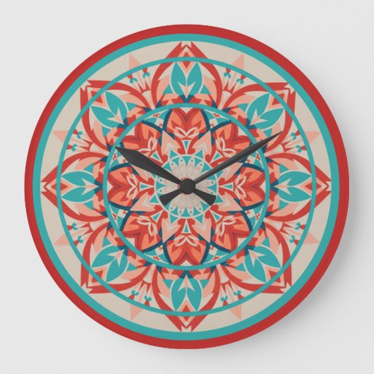 Orange & Turquoise Boho Mandala Large Clock Grote Klok (Voorkant)