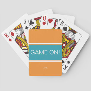 Orange & Turquoise GAME ON Quote Monogrammed Pokerkaarten