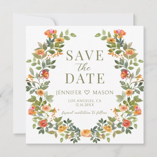 Orange vert floral Enregistrer la date invitation (Devant)