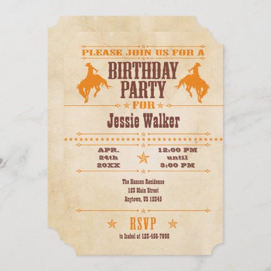 Orange Vintage Cowboy Invitation Anniversaire (Devant / Derrière)